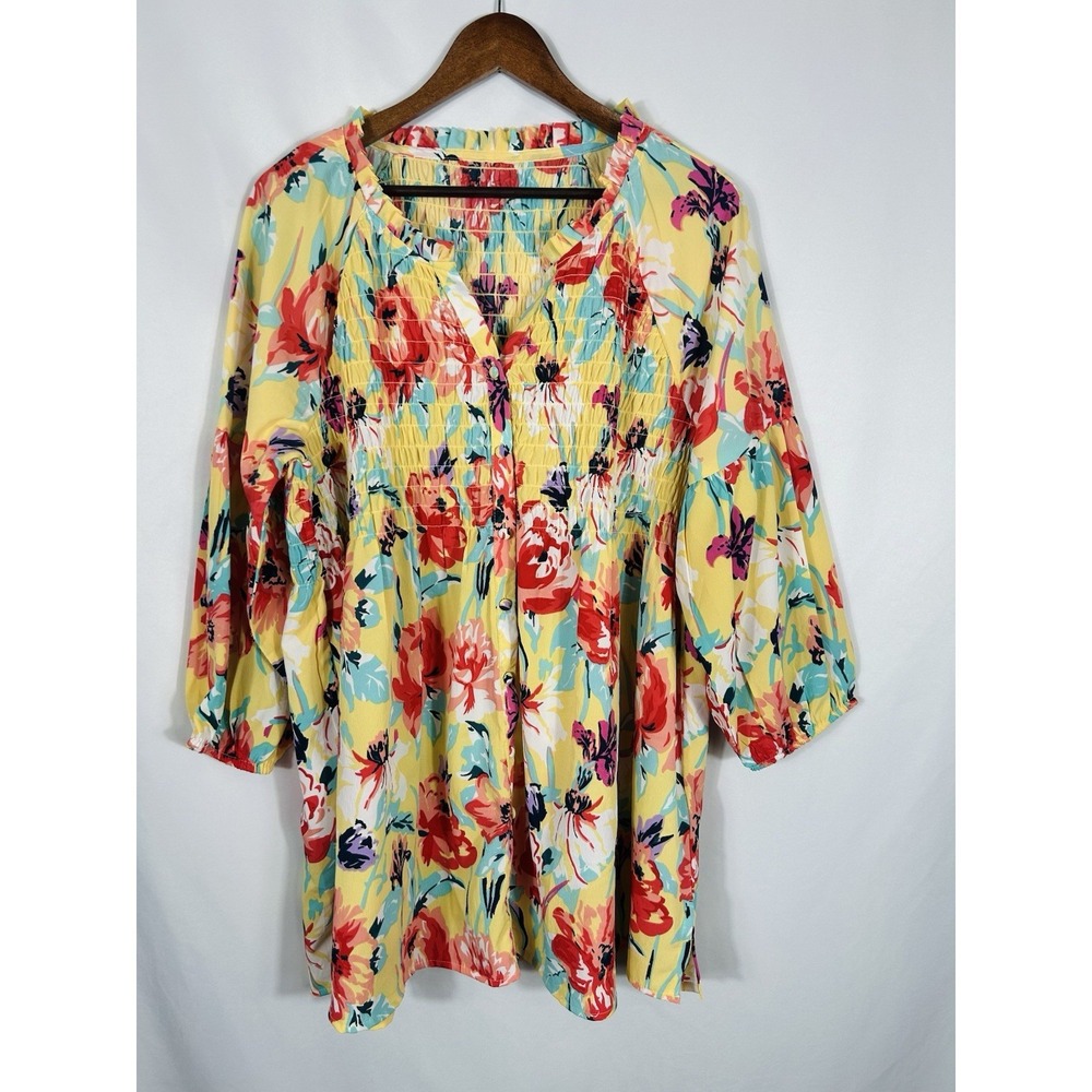 Caffe Marrakesh Size 2X Floral Smocked Peasant Button Up Top Boho Tropical Beach